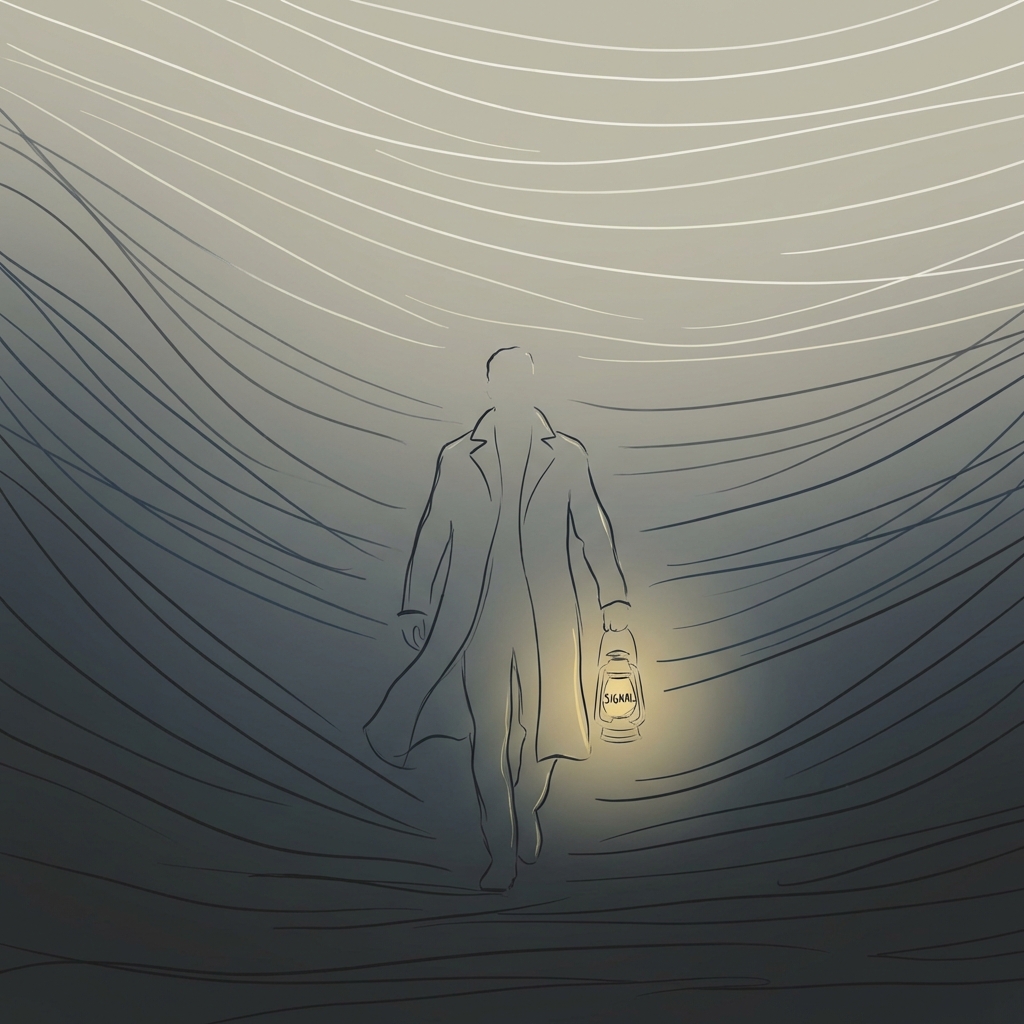 Founder walking forward with a small lantern labeled signal