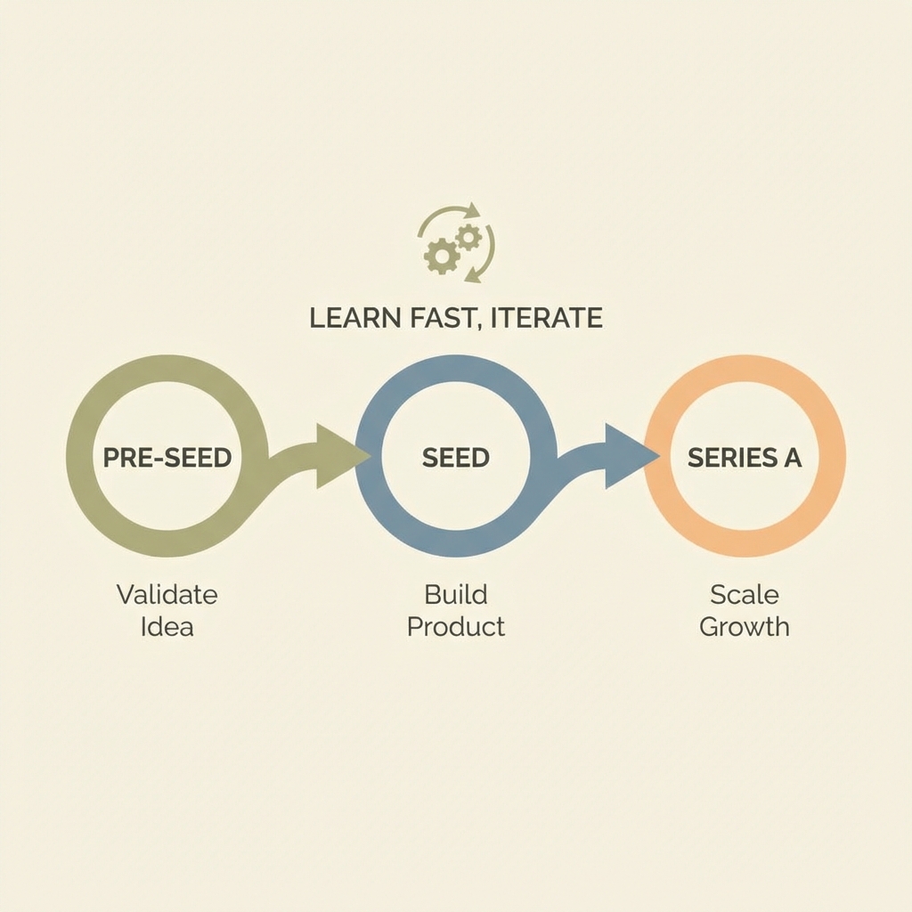 Startup timeline showing Pre-seed to Series A with focus on learning speed