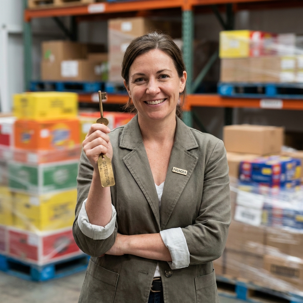 Founder holding a key labeled Distribution