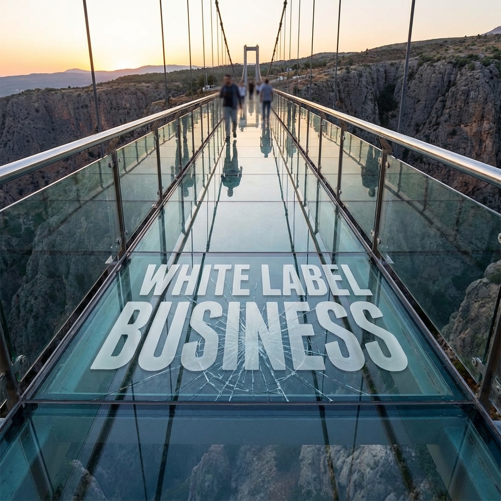 Concept art of a glass bridge labeled White Label Business with visible cracks