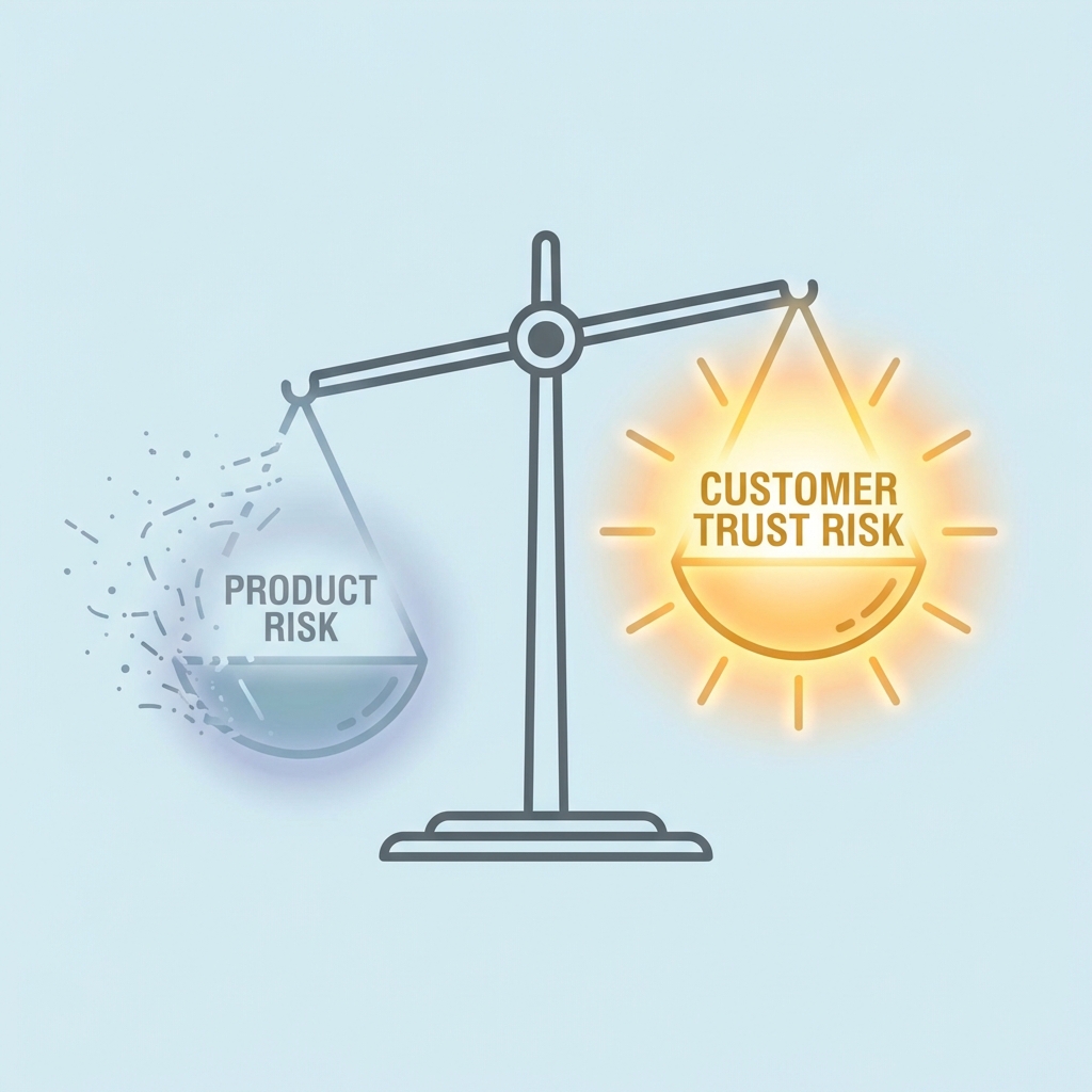Balance scale showing Product Risk vs Customer Trust Risk
