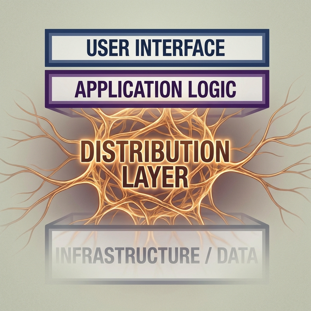Diagram showing the four layers of a white-labeled business with distribution as the core compounding asset